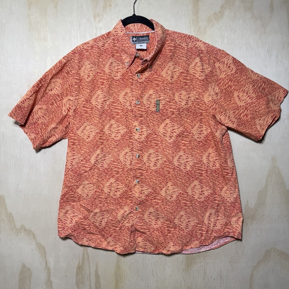 Columbia PFG Vintage Button Up Shirt Mens‎ Large Orange Fish Print Fishing Camp